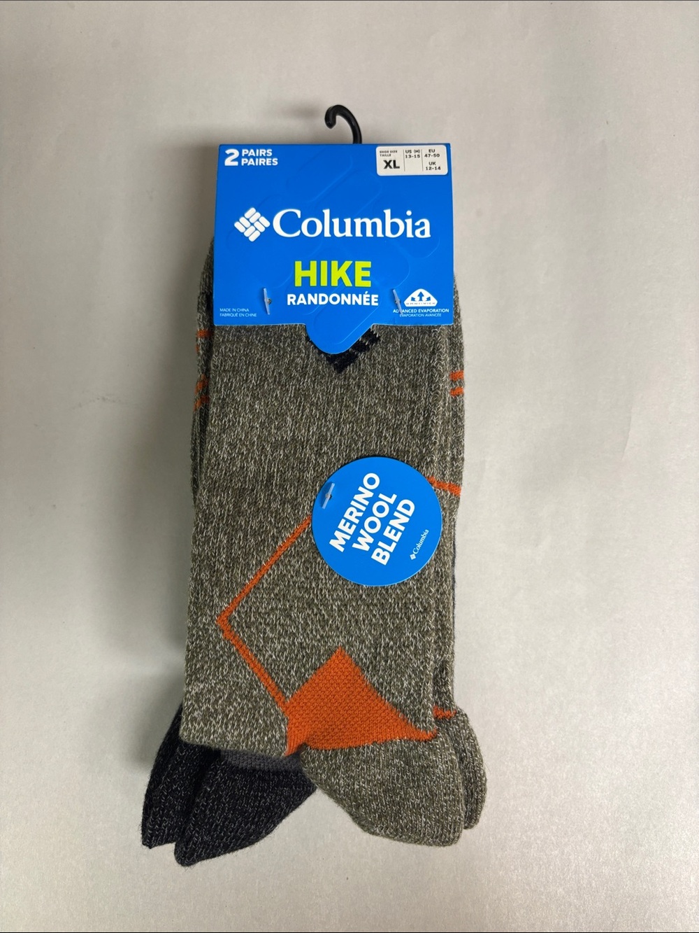 New Columbia Socks Men’s 2 Pair Crew Hike Merino Wool Socks Activewear Casual XL
